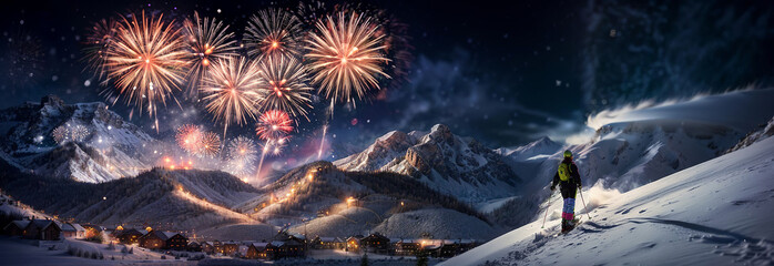 New year's eve banner in the mountains with man skiing on the slope, fireworks and snow for resort,...