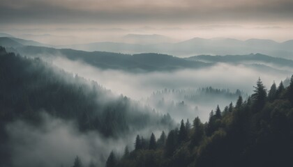 Beautiful View of Misty Mountain Forest Landscape Wallpaper Background - Powered by Adobe