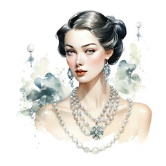 Delicate Watercolor Clipart of Pearl Jewelry GirlTimeless Beauty