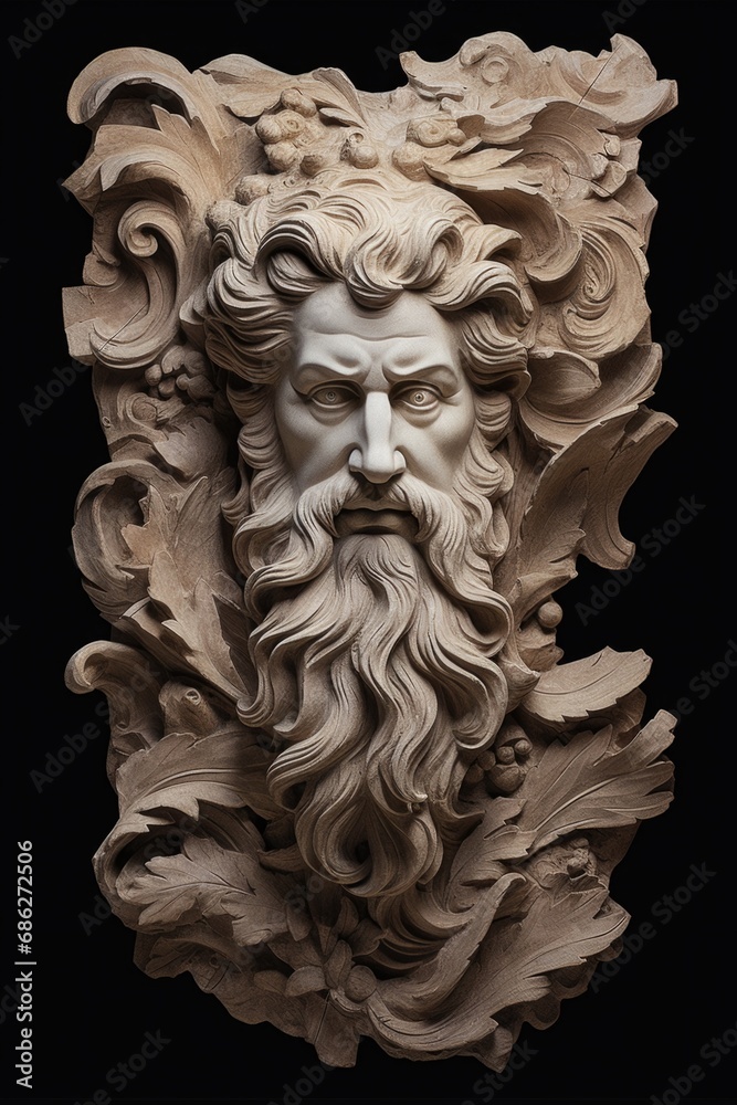 Poster a close-up view of a statue depicting a man with a beard. this image can be used for various purpose