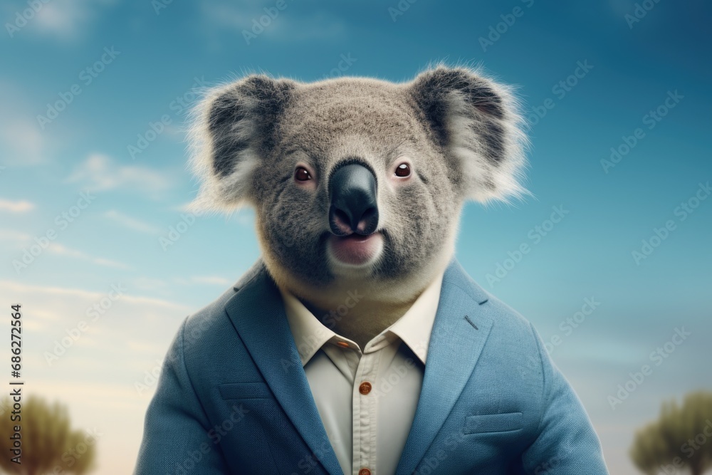 Poster a picture of a koala bear dressed in a suit and tie. this image can be used to add a touch of humor 