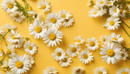 Flowers composition. Chamomile flowers on yellow background