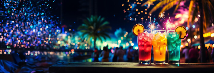 New year's eve christmas party on a beach, tropical resort, hotel, beach bar, restaurant party, event. Champaigne and cocktails, sea, ocean in the background, panoramic. Generative AI. - obrazy, fototapety, plakaty