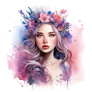 Vibrant Watercolor Princess Portrait Dreamy Fantasy Art © Usablestores