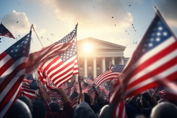 A large group of individuals proudly holding American flags in front of a building. This image can be used to represent patriotism, national pride, or celebrations of American holidays and events.