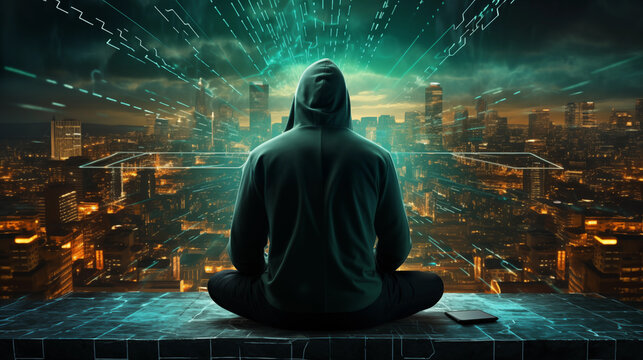 Cyber Security - hacker in front of a laptop in an abstract binary background over a city with computers
