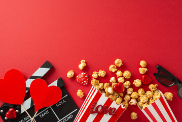 Love at First Frame: Top view of a clapperboard, 3D glasses, popcorn, chocolates, and heart decor...