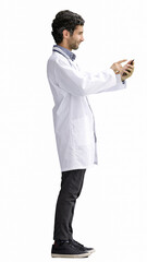 male doctor in a white coat on a white background speaks on the phone