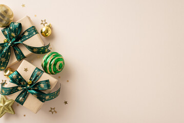 Christmas elegance theme. Overhead shot of artisanal paper presents, opulent ornaments, sparkling star decor, golden confetti on soft beige backdrop with space for promotional text