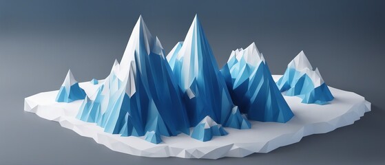 Blue mountains with white peaks on a gray background. Made in the low poly style.