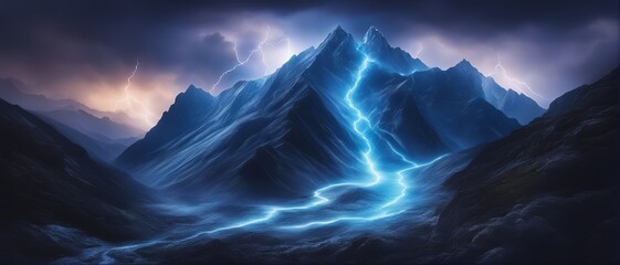 Mountain landscape with lightning and stormy sky - obrazy, fototapety, plakaty