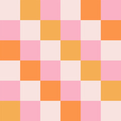 Checkerboard retro groovy background. Geometric pastel square texture in vintage y2k style. Hippie 70s pattern. Plaid pattern background. Pink and yellow colors.