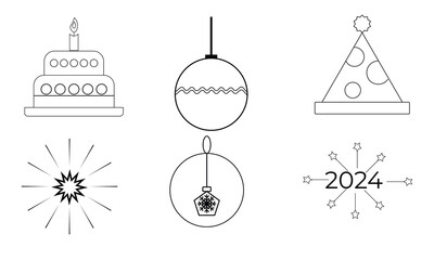 New year and Christmas celebration line icon set,  party  outline vector illustration.