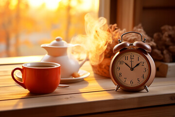 Alarm clock and cup of coffee on table, good morning concept and coffee time
