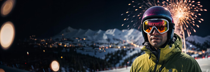 New year's eve banner in the mountains with man skiing on the slope, fireworks and snow for resort,...