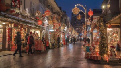 view of the town decorated for Christmas