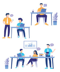 Lazy Flat Art Working Icons Of 6 Corporate Employee On Business Problems