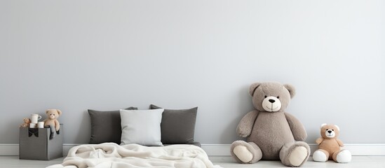 Black and white bedroom interior with plush toy on kid s bed