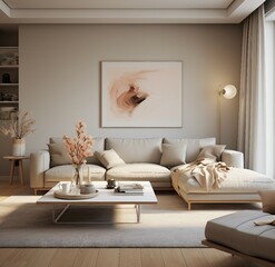 Layout of poster, poster in the room, modern living room with sofa