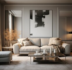 Layout of poster, poster in the room, modern living room with fireplace