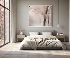 Layout of poster, poster in the room, interior of a bedroom