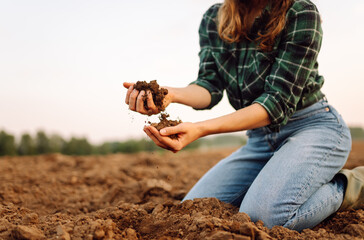 Woman's dirty hands hold black soil on the field. An experienced female agronomist checks the quality of the soil before sowing. Farming, gardening concept.