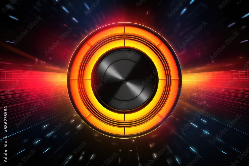 Poster A speaker with a glowing ring on top, perfect for adding a touch of style to any music setup. Can be used in various settings, such as parties, events, or home entertainment systems.
