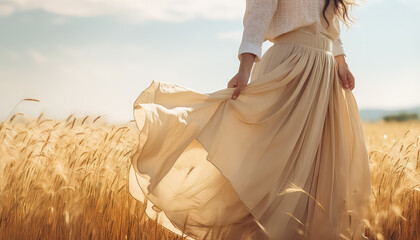 Long skirt close-up flowing in the wind in a field ,spring concept