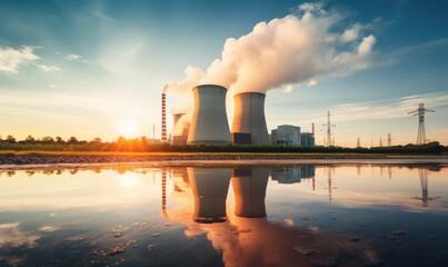 A Majestic Nuclear Power Plant Emitting Smoke and Steam - obrazy, fototapety, plakaty