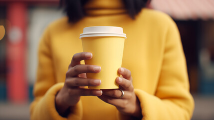 Yellow paper cup with coffee in woman hand. Time for drink coffee in city. Coffee to go. Enjoy moment, take a break. Disposable paper cup closeup. Delicious hot beverage. Mockup. Generated AI - Powered by Adobe