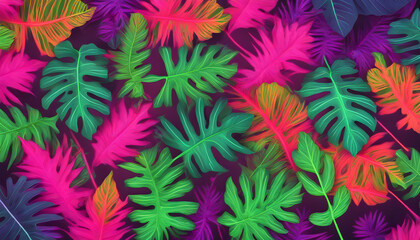 Creative fluorescent color layout of tropical leaves. Neon colors lay flat. The concept of nature.