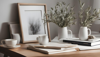 Breakfast still life. Cup of coffee, books and empty picture frame mockup on wooden desk