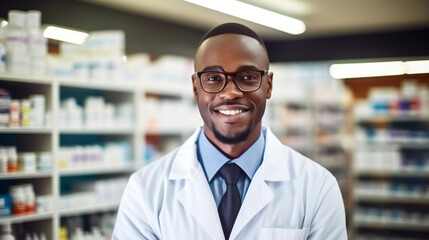 African American pharmacist against the background of blurred shelves with medicines. Healthcare and medicine background.