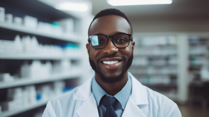 Fototapeta na wymiar African American pharmacist against the background of blurred shelves with medicines. Healthcare and medicine background.