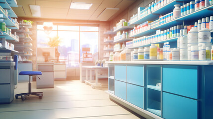 Fototapeta na wymiar Blurred background of a pharmacy store. Pharmacist and medicine concept
