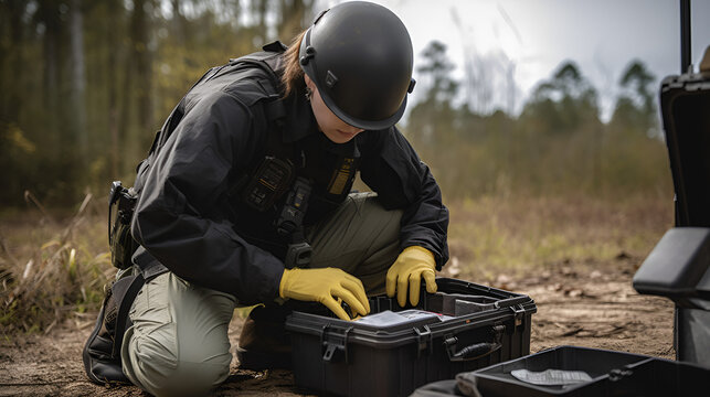 A female investigator equipping themselves with practical gear