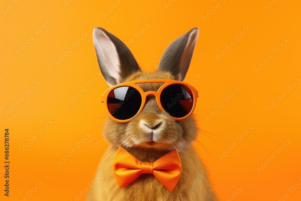 Poster a picture of a rabbit wearing sunglasses and a bow tie. this image can be used for various purposes.