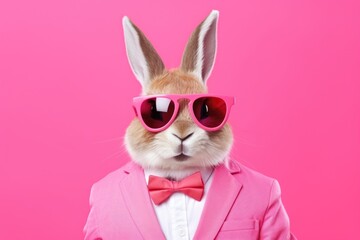 Fototapeta premium A rabbit wearing sunglasses and dressed in a pink suit. Suitable for fashion, humor, and animal-themed designs.