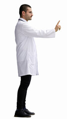 male doctor in a white coat on a white background in profile