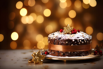 Christmas cake with bokeh background.