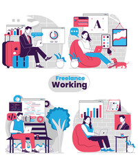Flat Art Freelance Working Icon Of Work From Home Freelancer