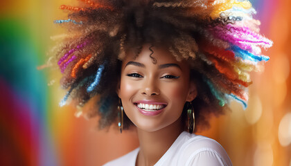 african american woman with curly hair in rainbow colors , black history month - obrazy, fototapety, plakaty