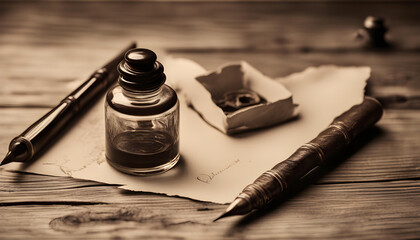 Quill pen with inkwell on wooden desk. Vintage old style sepia photography - obrazy, fototapety, plakaty