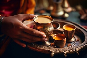 Fototapeta na wymiar Cup of Masala tea in the hands of a woman