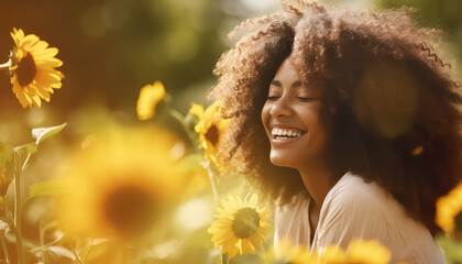 Black african happy woman on yellow sunflowers background - obrazy, fototapety, plakaty