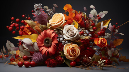 Obraz na płótnie Canvas Rich beautiful bouquet with different autumn flowers. Blossom petal fall flowers. Bright festive bouquet. A holiday gift. Natural colorful flowers. Floral design, art background. Generated AI