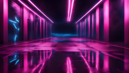 Empty background scene. Dark street, reflection of blue and pink neon light