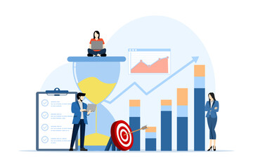 time management and development concept, business people develop a system of self-control, focus on targets and goal achievement for productive work. flat vector illustration on white background. - obrazy, fototapety, plakaty