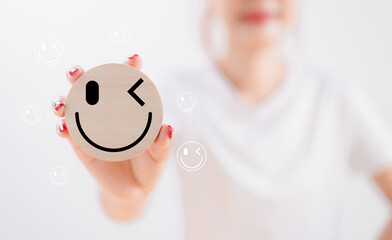 wooden label with mental happy smile relax face, good feedback rating survey, think positive...