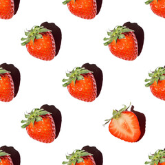 Seamless pattern of whole berries of red ripe strawberries and one cut half of a berry with a shadow on a white background